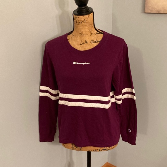 Champion Tops - Champion Athleticwear Burgundy Long Sleeve Tee White Stripes Women Size L